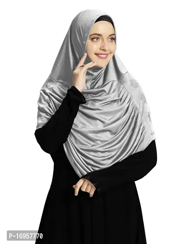 Mehar Hijab's Modest Women's Embellished with Glittering Stone Designs Stylish pleated Polycotton Feel Good Aasimah Hijab (XX-Large, Silver)-thumb2