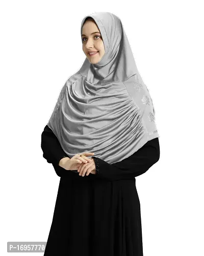 Mehar Hijab's Modest Women's Embellished with Glittering Stone Designs Stylish pleated Polycotton Feel Good Aasimah Hijab (XX-Large, Silver)-thumb3