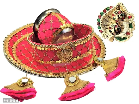 Artonezt Embroidery Designer Pink Latkan Karwachauth Thali Set (Thali, Kalash, Chalni, Small Plate) Puja Thalis for Karwa Chauth Poojan Wedding Diwali Navratri Varalakshmi Lakshmi Ganesh Aarti-thumb0