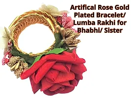 Artonezt Designer Elegant Artificial Rose Gold Plated Stretchable Bracelet Rakhee for Bhabhi Sister-in-Law Sister Latkan Kaleera Bangle for Raksha Bandhan-thumb2