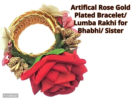 Artonezt Designer Elegant Artificial Rose Gold Plated Stretchable Bracelet Rakhee for Bhabhi Sister-in-Law Sister Latkan Kaleera Bangle for Raksha Bandhan-thumb3