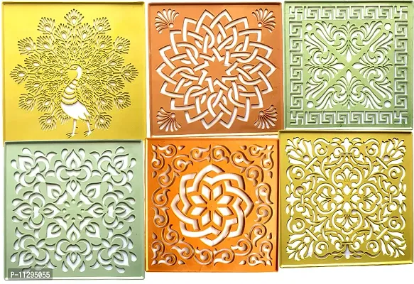 Artonezt Peacock and Flower Design Plastic Rangoli Stencils for Floor Decoration (12x12 inches in Size- Set of 6)