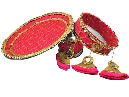Artonezt Embroidery Designer Pink Latkan Karwachauth Thali Set (Thali, Kalash, Chalni, Small Plate) Puja Thalis for Karwa Chauth Poojan Wedding Diwali Navratri Varalakshmi Lakshmi Ganesh Aarti-thumb2