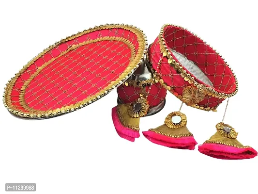 Artonezt Embroidery Designer Pink Latkan Karwachauth Thali Set (Thali, Kalash, Chalni, Small Plate) Puja Thalis for Karwa Chauth Poojan Wedding Diwali Navratri Varalakshmi Lakshmi Ganesh Aarti-thumb3