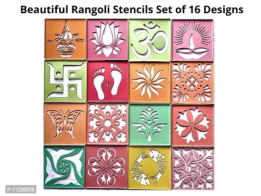 Artonezt Rangoli Tool Kit: 16 Ready to Draw DIY Kolam Rangoli Making Stencils and 10 Rangoli Colour Bottles for Navratri Pongal Diwali Pooja Mandir Floor Decoration Art & Craft-thumb2