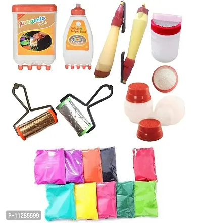 Plastic Rangoli Tool kit for Making Unique and Beautiful Rangoli Designs with Rangeela patta, Galicha patta, Fillers, Outliner Pen, Rollers with 10 Packs of Rangoli Colour (50 Gram Each)