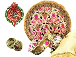 Artonezt Handcrafted Embroidery Karwachauth Thali Set (Thali, Kalash, Chalni, Thali Cover, Small Debi, Diya) Puja Thalis for Karwa Chauth Poojan Diwali Navratri Varalakshmi Lakshmi Ganesh Aarti-thumb3