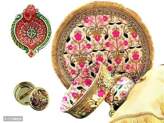 Artonezt Handcrafted Embroidery Karwachauth Thali Set (Thali, Kalash, Chalni, Thali Cover, Small Debi, Diya) Puja Thalis for Karwa Chauth Poojan Diwali Navratri Varalakshmi Lakshmi Ganesh Aarti-thumb4