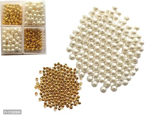 Artonezt 100 Pcs White Moti + 100 Pcs Golden Beads Craft Pearl Beads for Jewellery Making Necklace Bracelet Earring Making Beads Art and Crafts Work Embroidery Work DIY Kit-thumb0