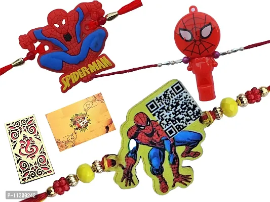 Artonezt Silicone Spiderman + LED Light Whistle Spider Web + Cartoon Spider QR Code Rakhee for Chota Bhai/ Bhatija/ Sister+ Tilak Pack + 1 Greeting Card Raksha Bandhan Cartoon Rakhi Set for Kids-thumb0