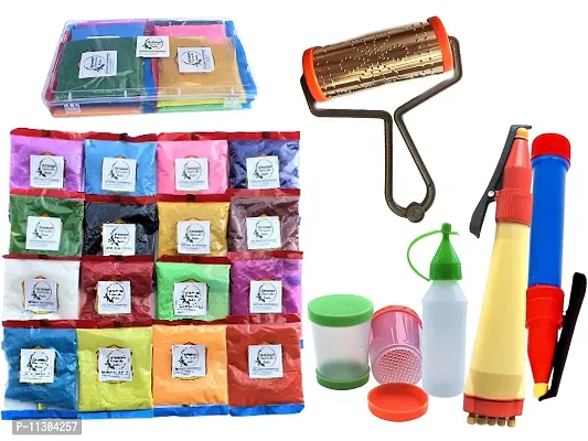 Artonezt Rangoli Making Tool Kit: 16 Rangoli Kolam Color Powder Pack + 1 Rangoli Roller + 2 Plastic Fillers + 1 Dropper +2 Rangoli Pen-thumb0