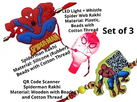 Artonezt Silicone Spiderman + LED Light Whistle Spider Web + Cartoon Spider QR Code Rakhee for Chota Bhai/ Bhatija/ Sister+ Tilak Pack + 1 Greeting Card Raksha Bandhan Cartoon Rakhi Set for Kids-thumb1