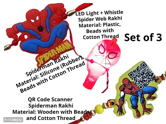 Artonezt Silicone Spiderman + LED Light Whistle Spider Web + Cartoon Spider QR Code Rakhee for Chota Bhai/ Bhatija/ Sister+ Tilak Pack + 1 Greeting Card Raksha Bandhan Cartoon Rakhi Set for Kids-thumb2