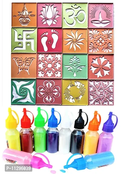 Artonezt Rangoli Tool Kit: 16 Ready to Draw DIY Kolam Rangoli Making Stencils and 10 Rangoli Colour Bottles for Navratri Pongal Diwali Pooja Mandir Floor Decoration Art & Craft-thumb0