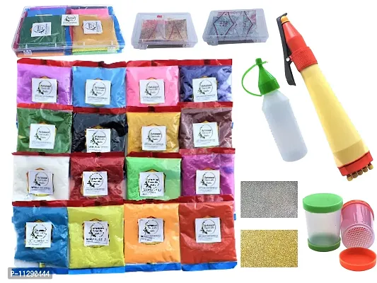 Artonezt Rangoli Making Tool Kit: 16 Rangoli Kolam Color Powder Pack + 2 Glitter Powder Pack + 2 Plastic Fillers + 1 Dropper +1 Rangoli Pen-thumb0
