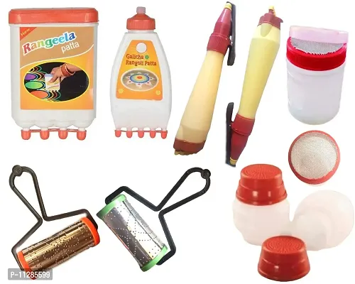 Plastic Rangoli Tool kit for Making Unique and Beautiful Rangoli Designs with Rangeela patta, Galicha patta, Fillers, Outliner Pen, Rollers with 10 Packs of Rangoli Colour (50 Gram Each)-thumb2