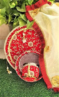 Artonezt Handcrafted Decorated Karwachauth Thali Set (Thali, Kalash, Chalni, Thal Posh, Sindoor Debi, Katori) Puja Thalis for Karwa Chauth Poojan Diwali Navratri Varalakshmi Lakshmi Ganesh Aarti-thumb4