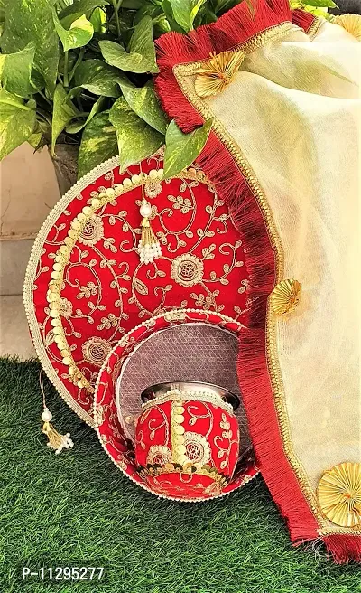 Artonezt Handcrafted Decorated Karwachauth Thali Set (Thali, Kalash, Chalni, Thal Posh, Sindoor Debi, Katori) Puja Thalis for Karwa Chauth Poojan Diwali Navratri Varalakshmi Lakshmi Ganesh Aarti-thumb5