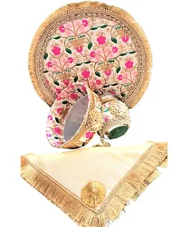 Artonezt Handcrafted Embroidery Karwachauth Thali Set (Thali, Kalash, Chalni, Thali Cover, Small Debi, Diya) Puja Thalis for Karwa Chauth Poojan Diwali Navratri Varalakshmi Lakshmi Ganesh Aarti-thumb2