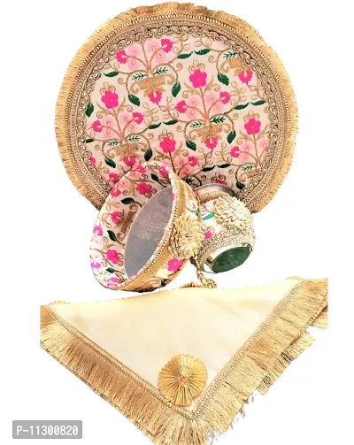 Artonezt Handcrafted Embroidery Karwachauth Thali Set (Thali, Kalash, Chalni, Thali Cover, Small Debi, Diya) Puja Thalis for Karwa Chauth Poojan Diwali Navratri Varalakshmi Lakshmi Ganesh Aarti-thumb3