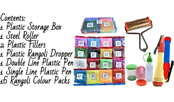 Artonezt Rangoli Making Tool Kit: 16 Rangoli Kolam Color Powder Pack + 1 Rangoli Roller + 2 Plastic Fillers + 1 Dropper +2 Rangoli Pen-thumb2