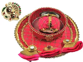 Artonezt Embroidery Designer Pink Latkan Karwachauth Thali Set (Thali, Kalash, Chalni, Small Plate) Puja Thalis for Karwa Chauth Poojan Wedding Diwali Navratri Varalakshmi Lakshmi Ganesh Aarti-thumb3