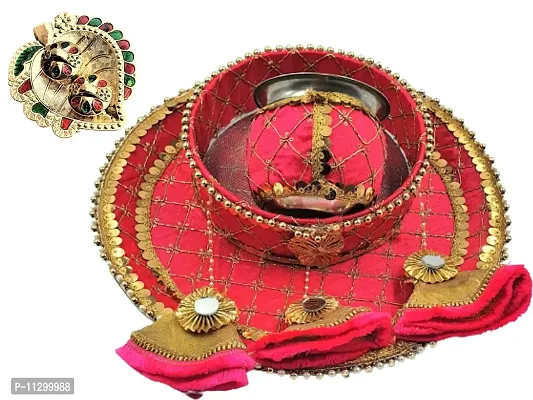 Artonezt Embroidery Designer Pink Latkan Karwachauth Thali Set (Thali, Kalash, Chalni, Small Plate) Puja Thalis for Karwa Chauth Poojan Wedding Diwali Navratri Varalakshmi Lakshmi Ganesh Aarti-thumb4