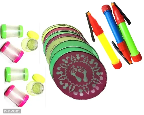 Plastic Rangoli Tool kit included 6 Rangoli Filler Bottles, 10 Round Rangoli Stencils, 3 Rangoli Outliner Pen
