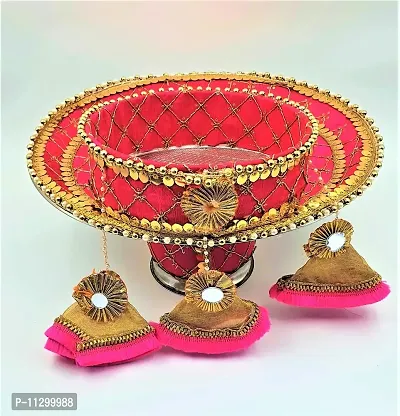 Artonezt Embroidery Designer Pink Latkan Karwachauth Thali Set (Thali, Kalash, Chalni, Small Plate) Puja Thalis for Karwa Chauth Poojan Wedding Diwali Navratri Varalakshmi Lakshmi Ganesh Aarti-thumb2