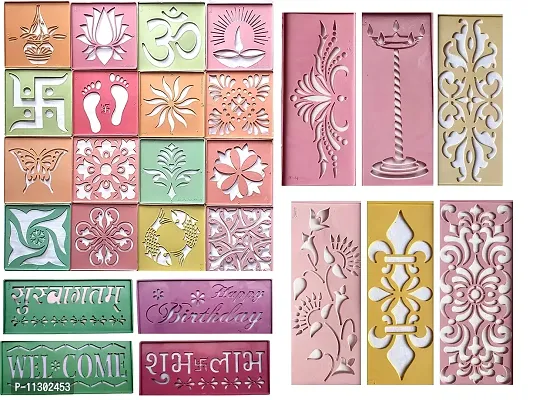 Ready to Draw Rangoli Making Stencils, Rangoli Plastic Stencils for Floor Decoration (4x4 inches in Size- Set of 16 Rangoli Stencils) and (3x7 inches in Size- Set of 10 Rangoli Stencils)