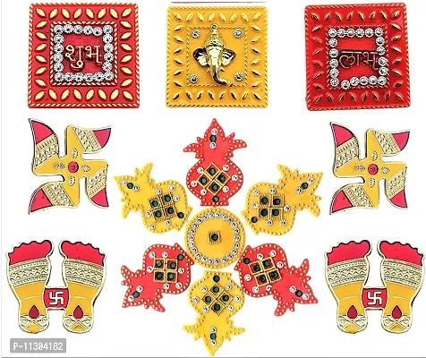 Artonezt Self-Adhesive Decorative Acrylic Navratri Diwali Shubh Labh, Ganeshji, Swastik, Laxmi Paduka Charan Stickers and Kalash Rangoli Floor Stickers for Home Door Wall Entrance Stickers