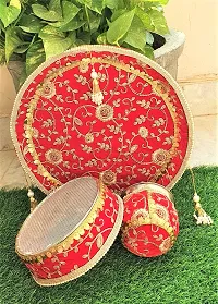 Artonezt Handcrafted Decorated Karwachauth Thali Set with Latkan (Thali, Kalash, Chalni, Thali Cover) Puja Thalis for Karwa Chauth Poojan Wedding Diwali Navratri Varalakshmi Lakshmi Ganesh Aarti-thumb4