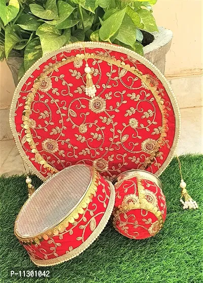 Artonezt Handcrafted Decorated Karwachauth Thali Set with Latkan (Thali, Kalash, Chalni, Thali Cover) Puja Thalis for Karwa Chauth Poojan Wedding Diwali Navratri Varalakshmi Lakshmi Ganesh Aarti-thumb5