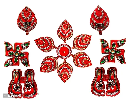 Self Adhesive Decorative Acrylic Diwali Stickers- Laxmi paduka, Shubh Labh, Charan Stickers, Swastik Stickers and Leaf Rangoli Floor Stickers for Home Door Entrance Stickers