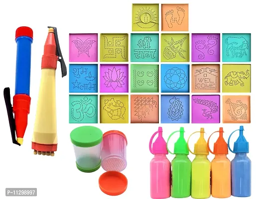 Artonezt Rangoli Tool Kit: 20 DIY Kolam Rangoli Stencils (Dotted) + 2 Rangoli Pen + 5 Rangoli Color Bottles + 2 Rangoli Filler for Diwali Pooja Mandir Floor Decoration