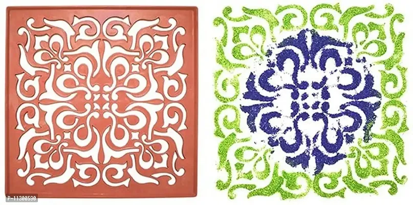 Artonezt Shubh Labh and Flower Design Plastic Rangoli Stencils for Floor Decoration (12x12 inches in Size- Set of 6)-thumb3