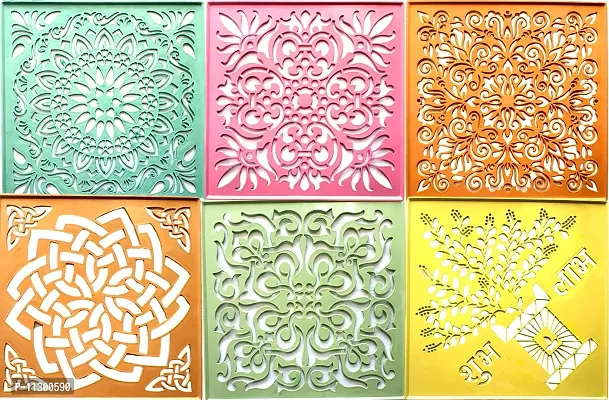 Artonezt Shubh Labh and Flower Design Plastic Rangoli Stencils for Floor Decoration (12x12 inches in Size- Set of 6)