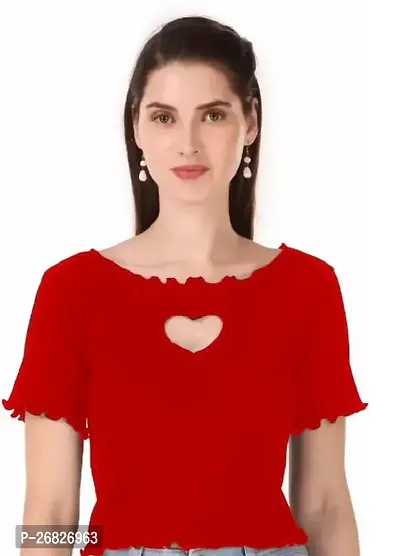 Elegant Red Cotton Blend Solid Top For Women