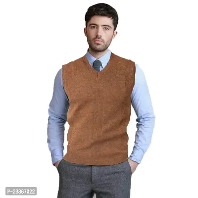 Mithitashu Mens Winter V Neck Plain Solid Sleeveless Woolen Brown Sweater