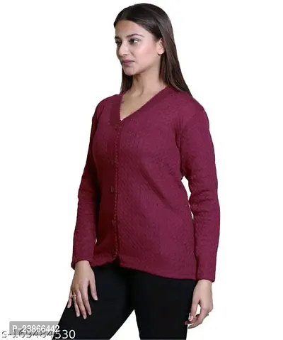 Women V-Neck Full Sleeves Length Cable Button Woolen Wine Cardigan Sweater-thumb2