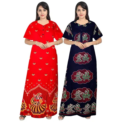 KHUSHI PRINT Jaipuri Cotton Printed Maternity Front Zipper Full Length Maxi Nighty Gown (Pack of 2)