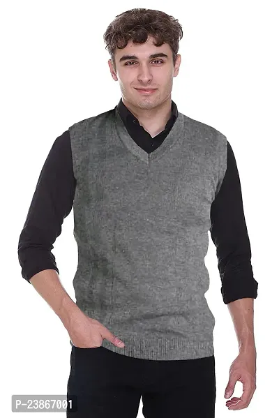 Mithitashu Mens Winter V Neck Plain Solid Sleeveless Woolen Grey Sweater-thumb0