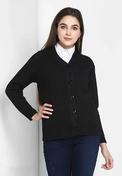 Mudrika Women Woolen V-Neck with Double Collar Heavy Winter Wear Pure Wool Cardigan Sweater with Side Pockets and Solid Colour Grey