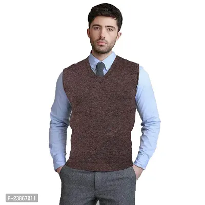 Mithitashu Mens Winter V Neck Plain Solid Sleeveless Woolen Brown Sweater-thumb0