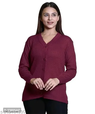 Women V-Neck Full Sleeves Length Cable Button Woolen Wine Cardigan Sweater-thumb0