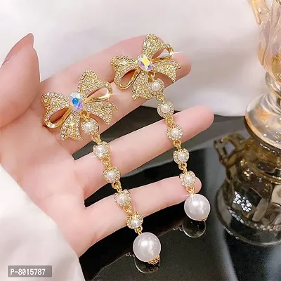 Beautiful Rhinestone Bow Knot Pearl Drop Trending Korean Earrings Pair For Women-thumb3