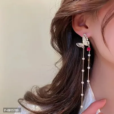 Beautiful Rhinestone Pearl Drop Tassel Maroon Golden Korean Trending Earrings Pair  For Women