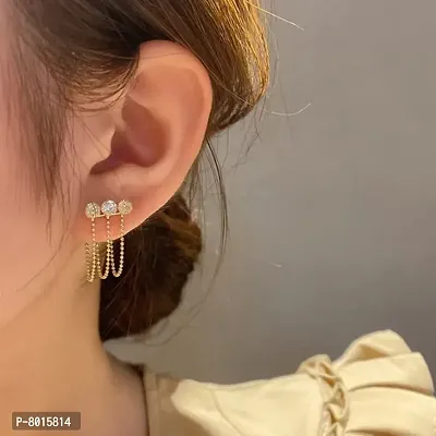 Beautiful 3 Chain Drop Golden Crystal 2 way Trending Korean Earrings Pair For Women