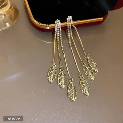 Beautiful Leaf Pattern Golden rhinestone Tassel Chain Korean Earrings Pair For Women