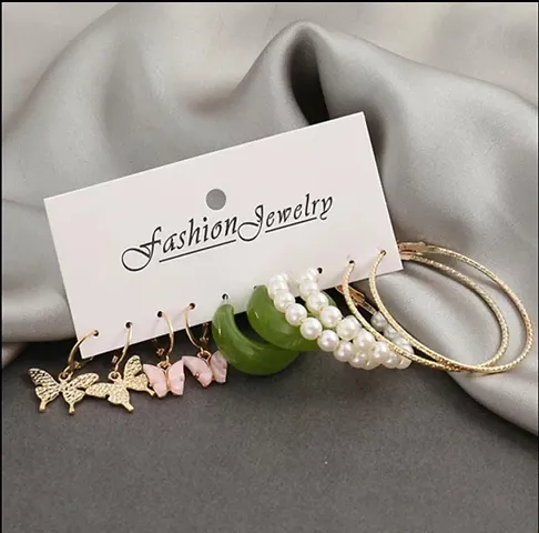 Stylish Trendy Cute Butterfly Pearl Hoop Earrings Set of 5 Pairs For Women